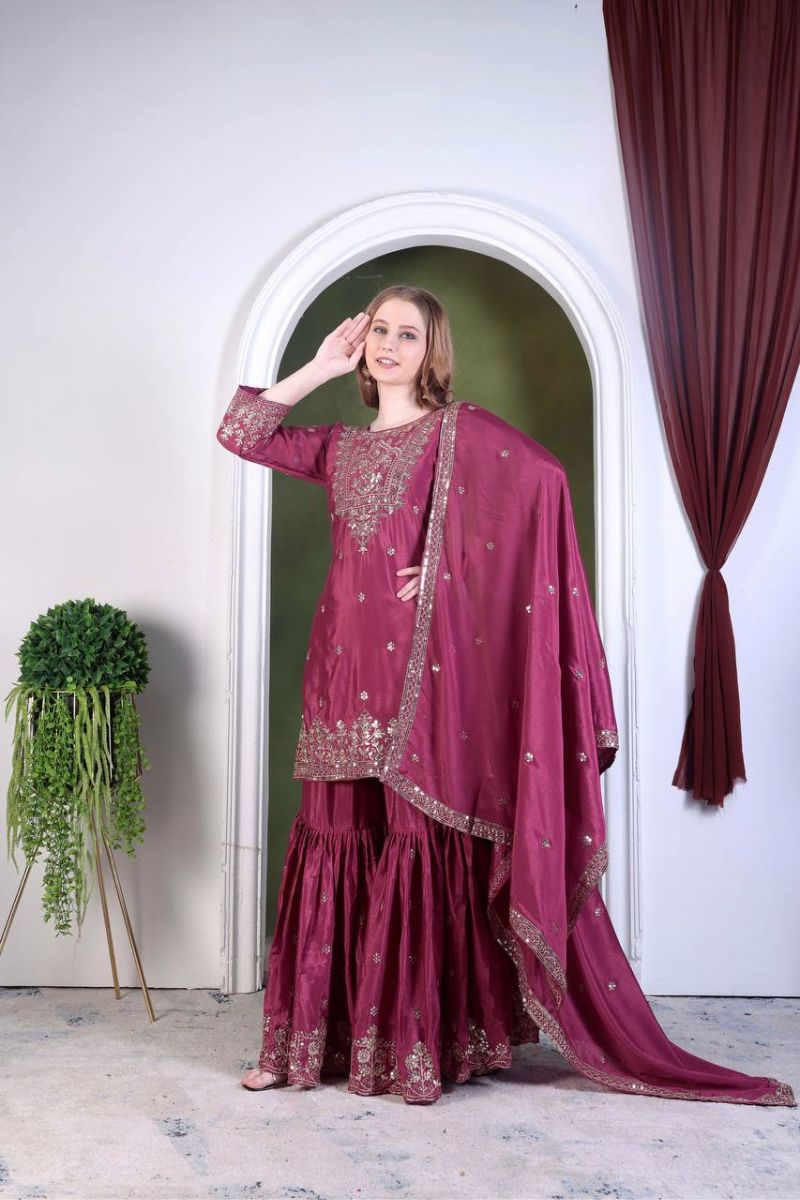 Sharara Dupatta Pants Sharara Suit Wine Pure Chinon Silk