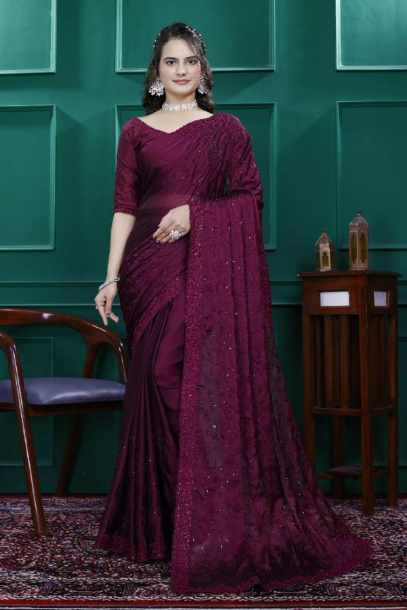 Multi-Sequence & Cut Work Embroidered Wine Rangoli Silk Saree