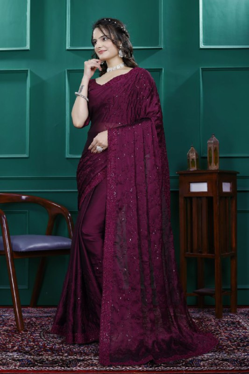 Multi-Sequence & Cut Work Embroidered Wine Rangoli Silk Saree