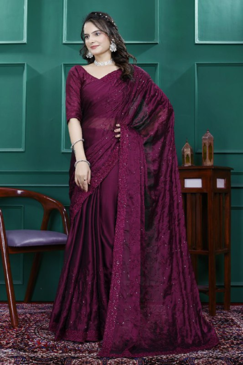 Multi-Sequence & Cut Work Embroidered Wine Rangoli Silk Saree