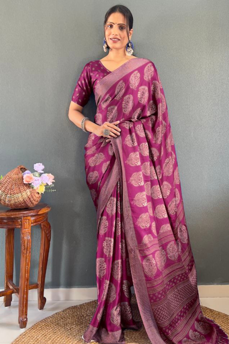 Banarasi Saree Patch Work Wine Soft Moss Silk Saree