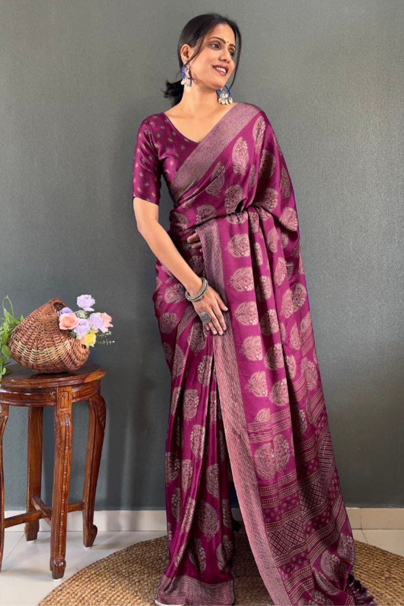 Banarasi Saree Patch Work Wine Soft Moss Silk Saree
