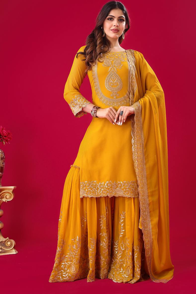Faux Yellow Blooming Three-piece Georgette Sharara Suit Set with Kurta Dupatta.