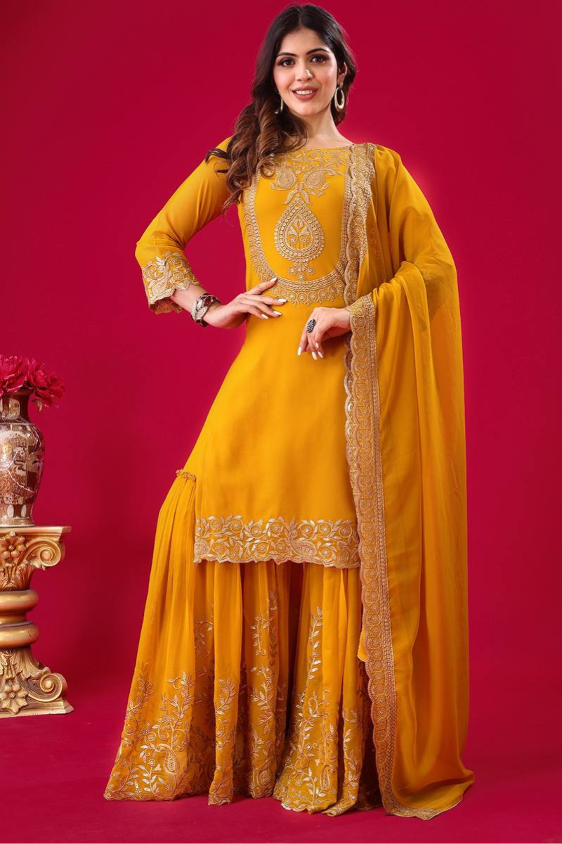 Faux Yellow Blooming Three-piece Georgette Sharara Suit Set with Kurta Dupatta.