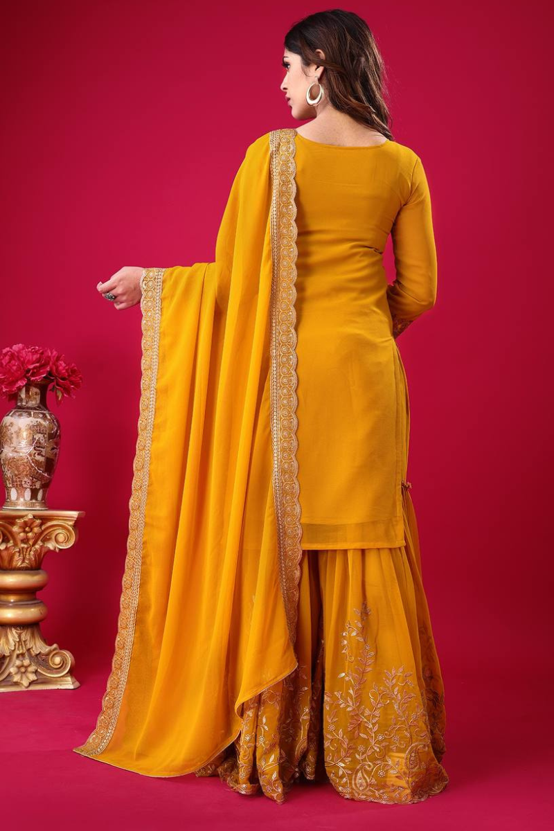 Faux Yellow Blooming Three-piece Georgette Sharara Suit Set with Kurta Dupatta.