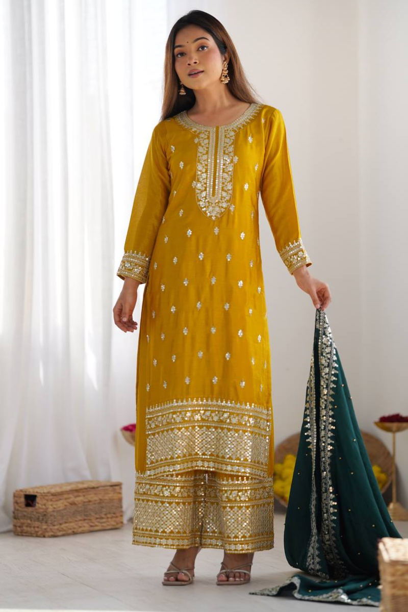 3-Piece Yellow Chinnon Silk Sharara Kurta Dupatta Suit Set