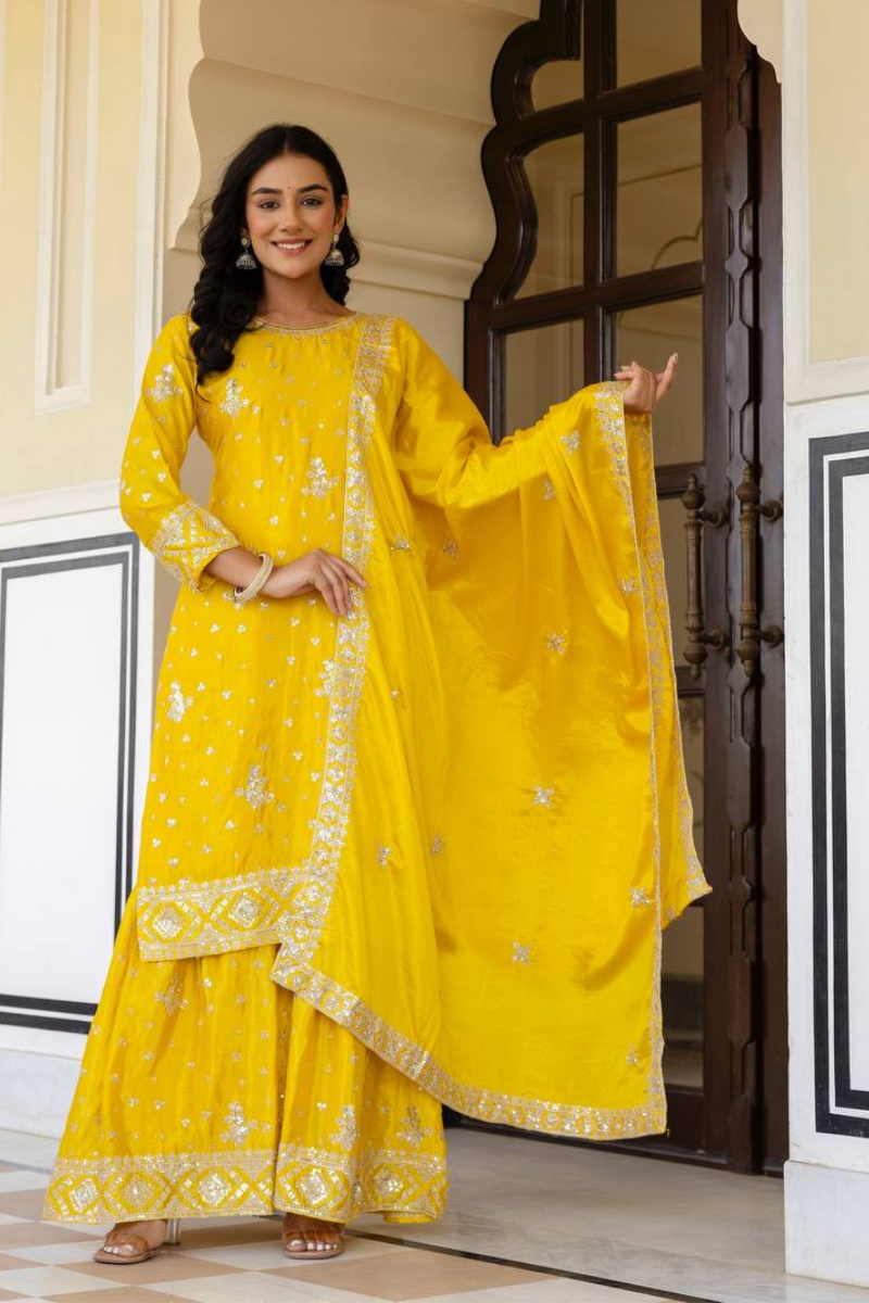Embroidered Yellow Chinon Kurta Pant Dupatta Set Sharara Suit