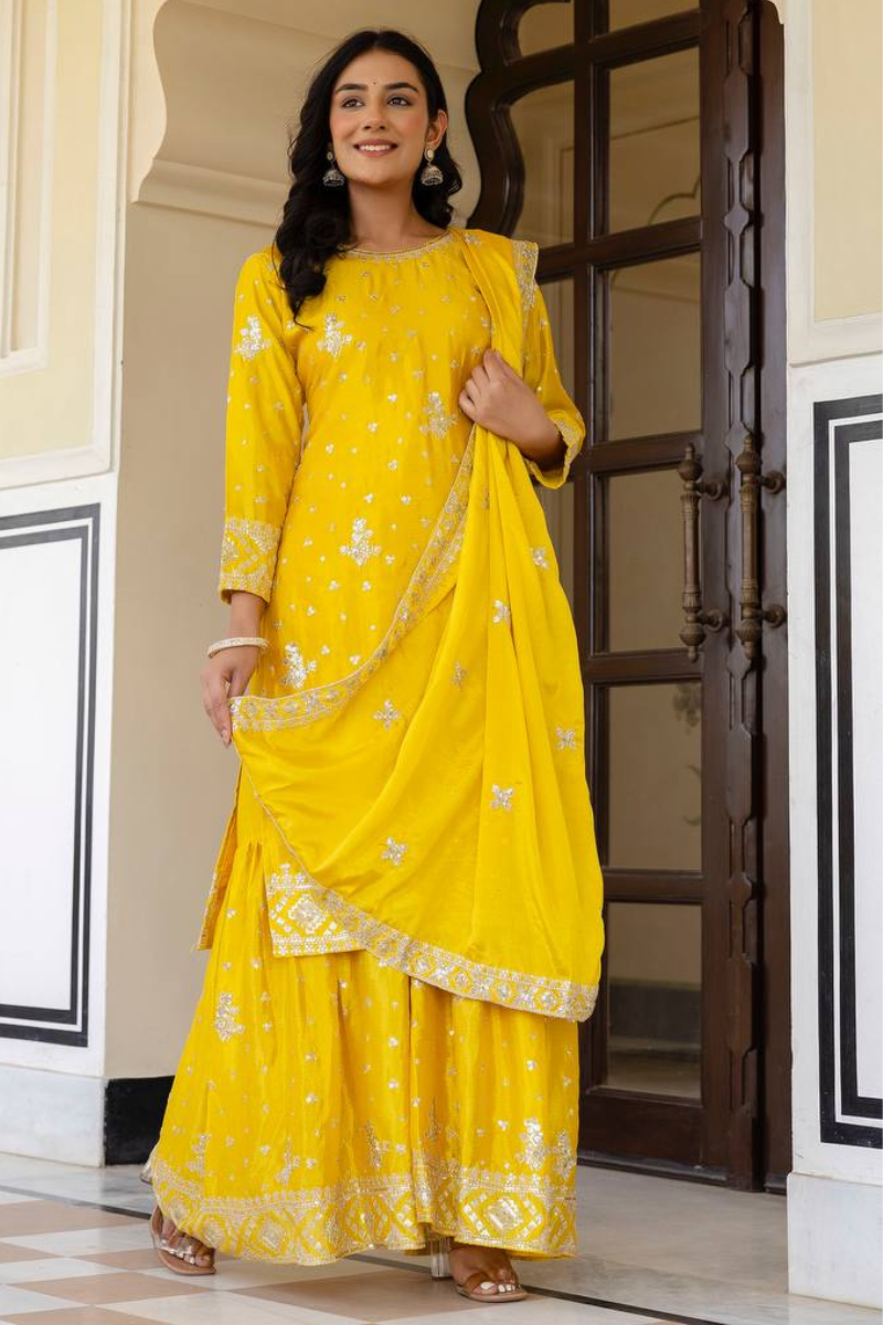 Embroidered Yellow Chinon Kurta Pant Dupatta Set Sharara Suit