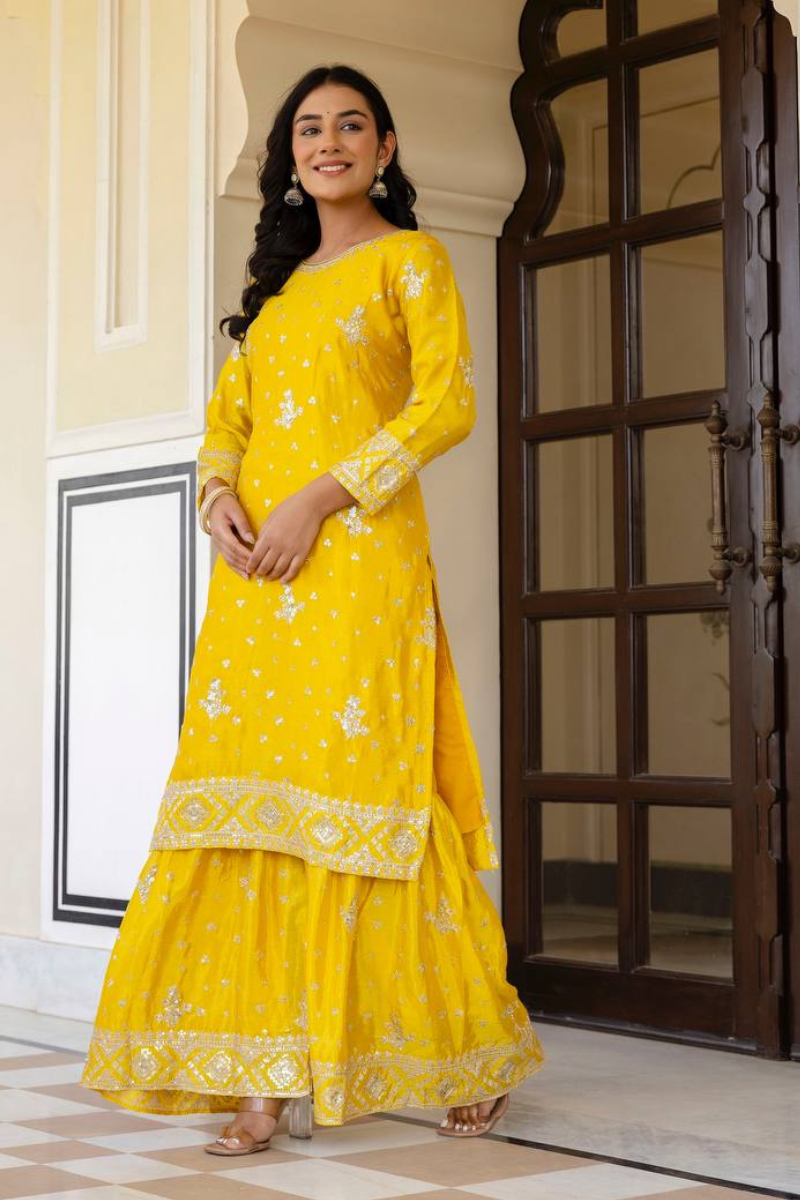 Embroidered Yellow Chinon Kurta Pant Dupatta Set Sharara Suit
