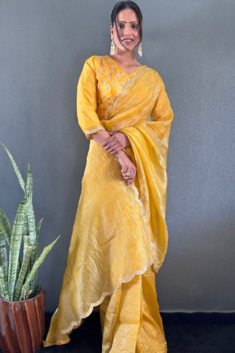 Crush silk saree in yellow gold with designer border work