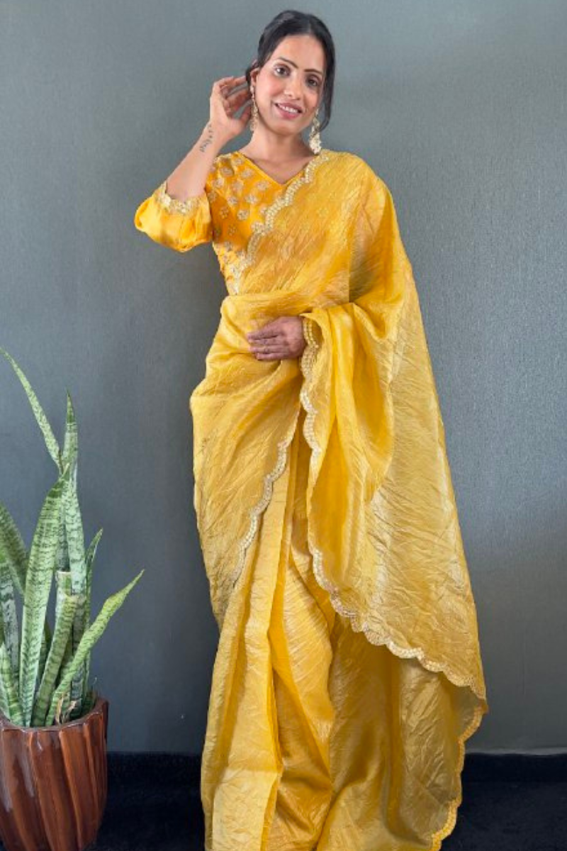 Crush silk saree in yellow gold with designer border work