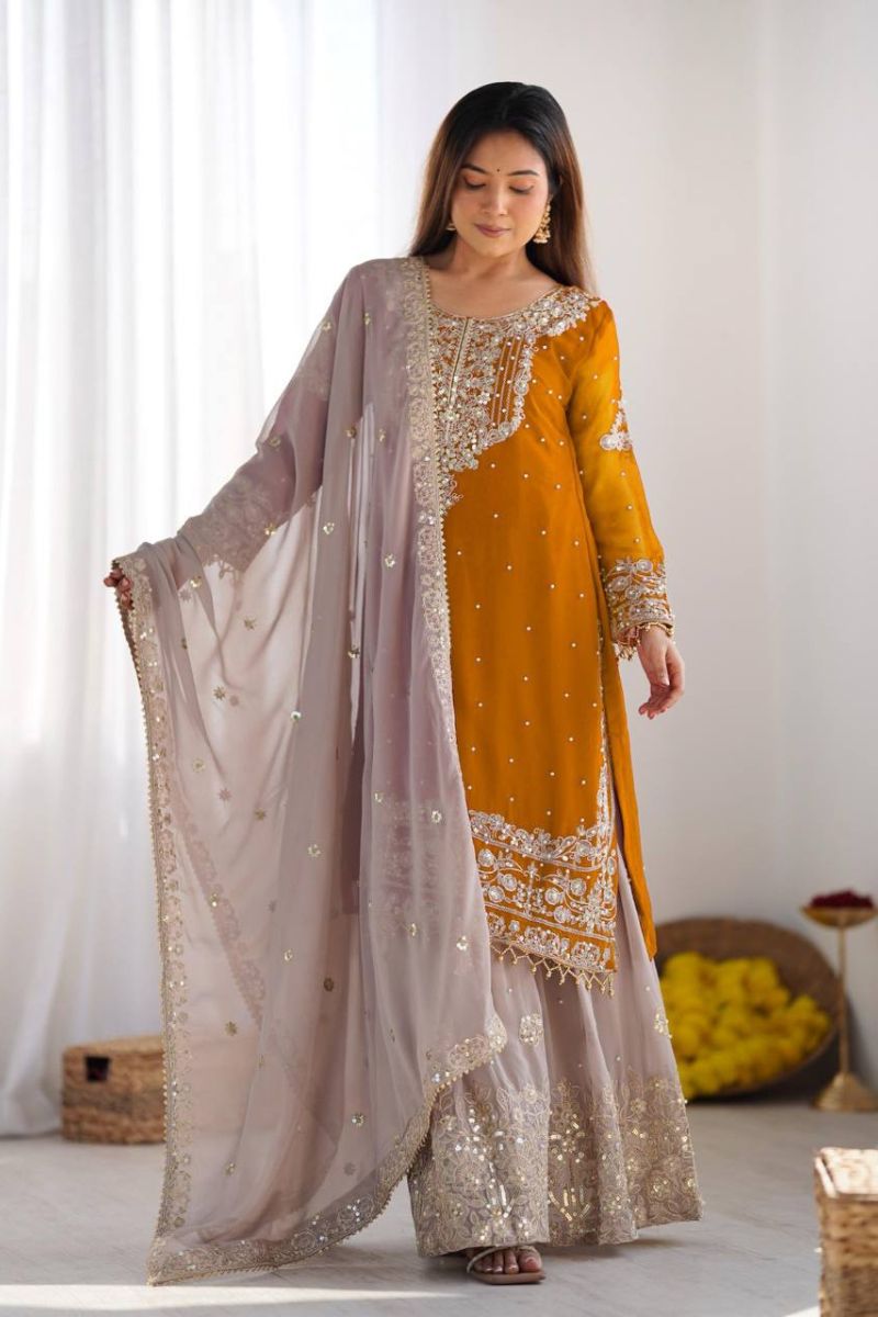 Heavy Faux Yellow Red Sharara Dupatta Suit Set in Georgette