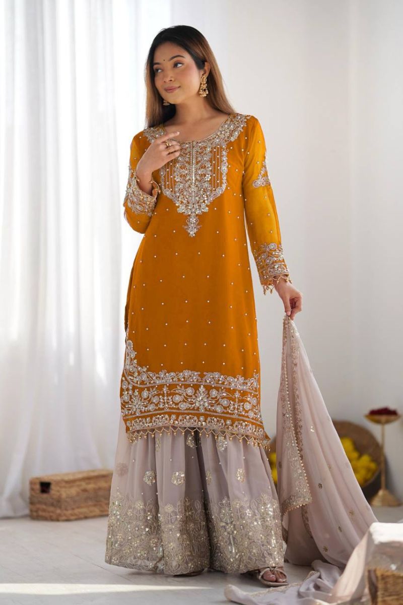 Heavy Faux Yellow Red Sharara Dupatta Suit Set in Georgette