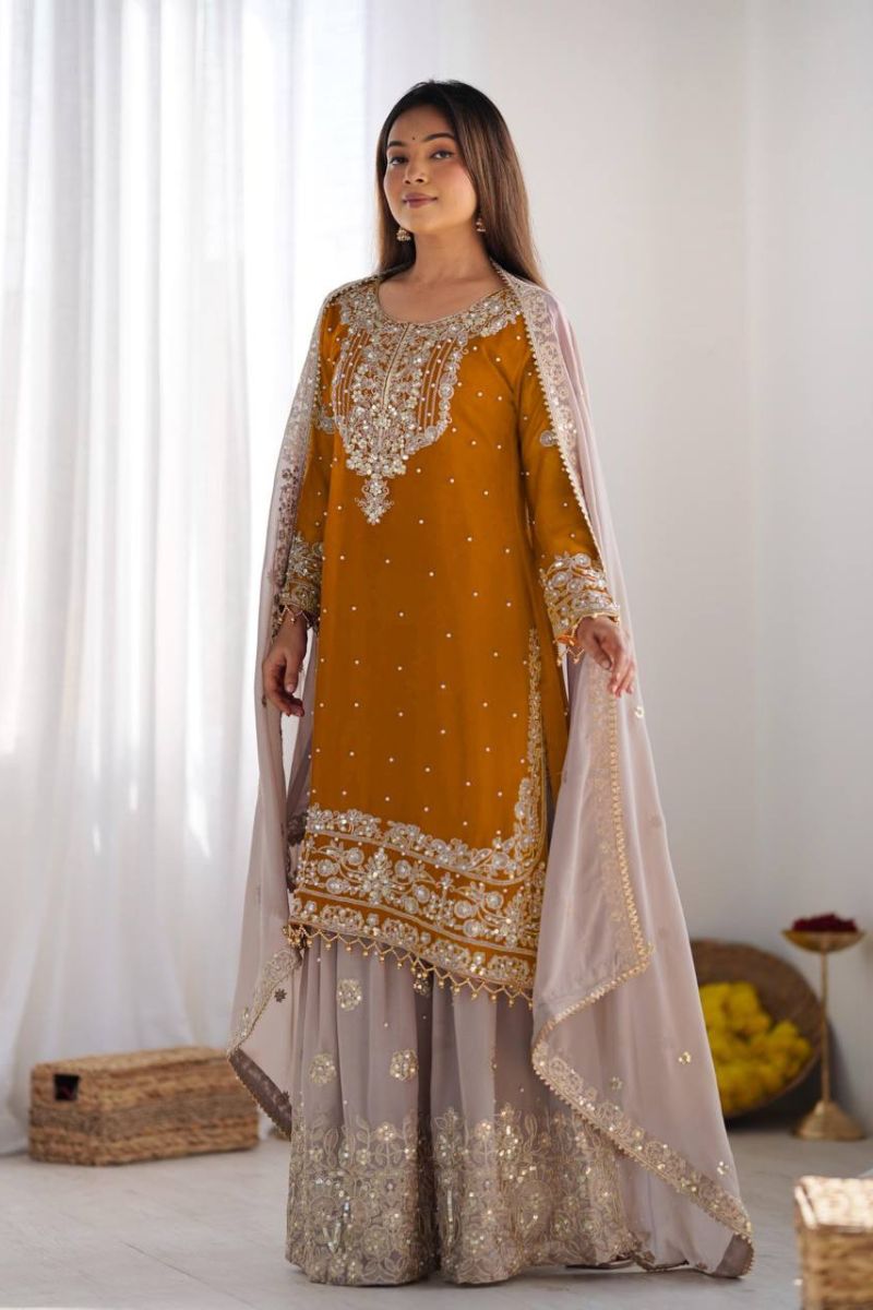 Heavy Faux Yellow Red Sharara Dupatta Suit Set in Georgette