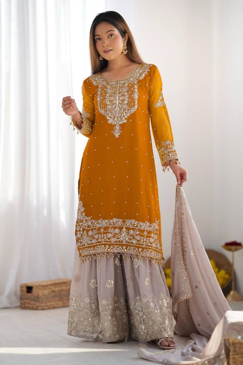 Heavy Faux Yellow Red Sharara Dupatta Suit Set in Georgette
