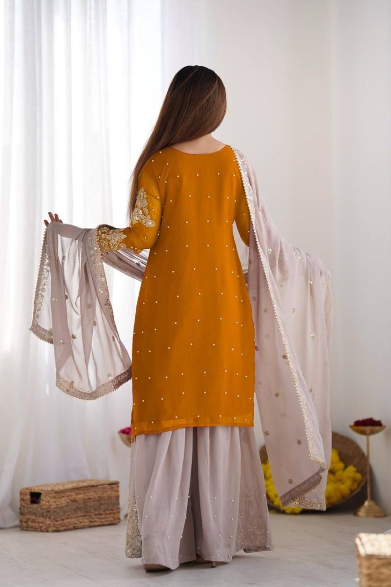 Heavy Faux Yellow Red Sharara Dupatta Suit Set in Georgette