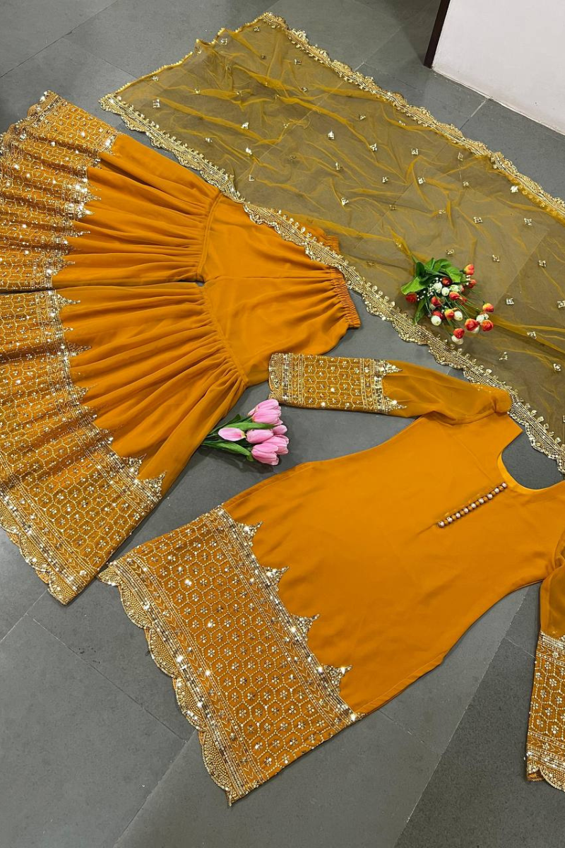 Heavy Faux Yellow Sharara Dupatta Set in Georgette.