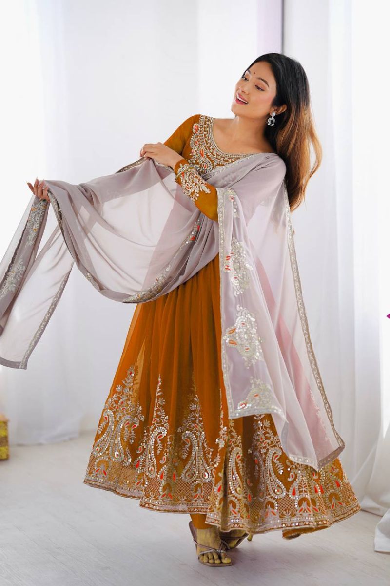 Anarkali Gown in Yellow Heavy Georgette with Dupatta Pant Set