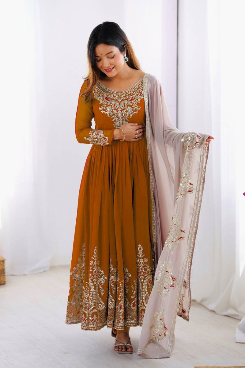 Anarkali Gown in Yellow Heavy Georgette with Dupatta Pant Set