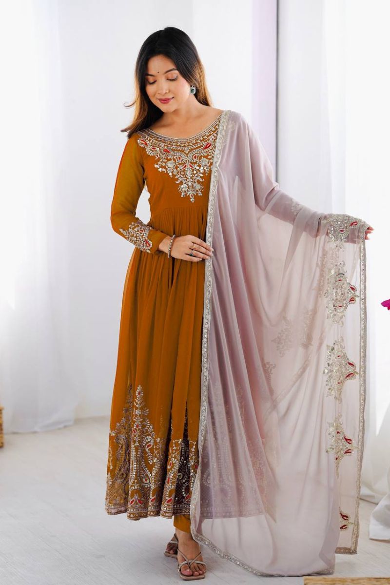 Anarkali Gown in Yellow Heavy Georgette with Dupatta Pant Set