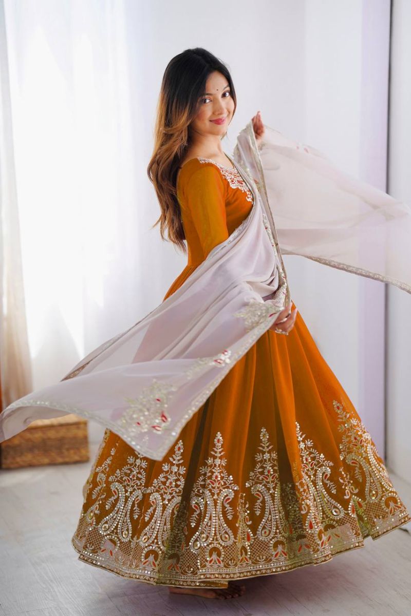 Anarkali Gown in Yellow Heavy Georgette with Dupatta Pant Set