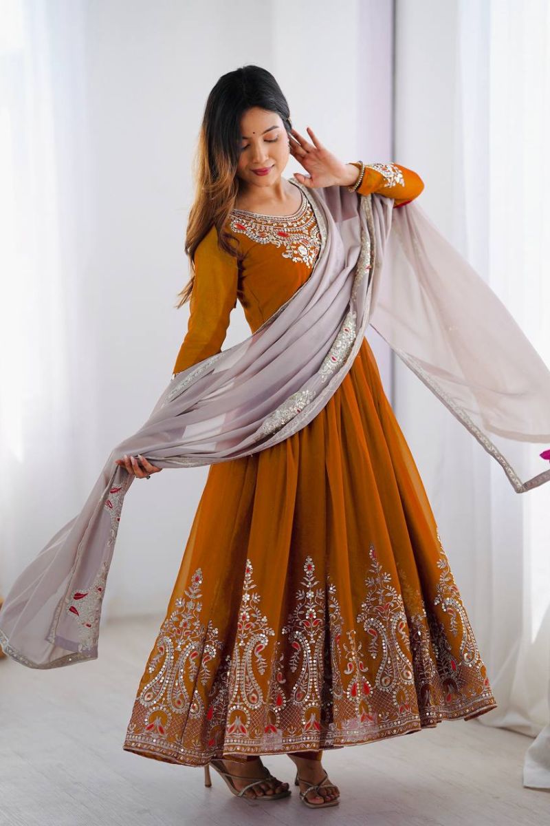 Anarkali Gown in Yellow Heavy Georgette with Dupatta Pant Set