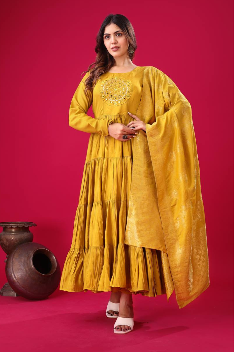 Three Pieces of Yellow Heavy Roman Silk Sharara Suit Set with Kurta Dupatta