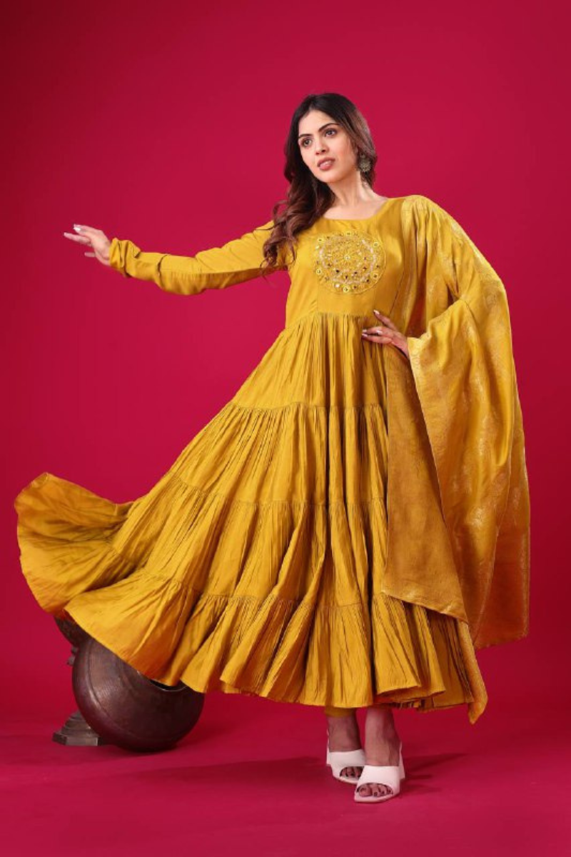 Three Pieces of Yellow Heavy Roman Silk Sharara Suit Set with Kurta Dupatta
