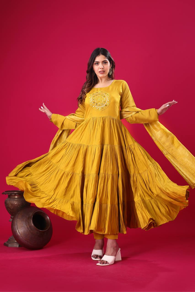 Three Pieces of Yellow Heavy Roman Silk Sharara Suit Set with Kurta Dupatta