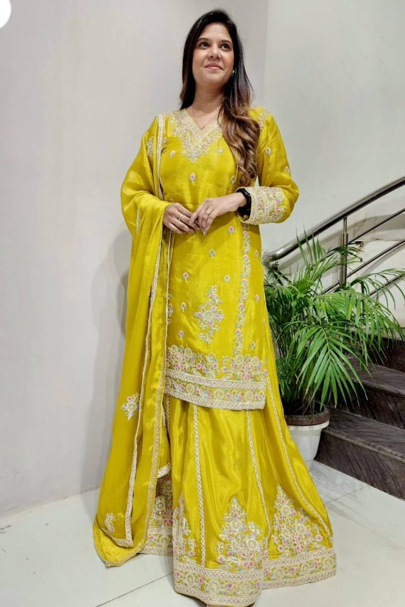 Yellow Kurta Dupatta Sharara Suit Set Made of Pure Chinon Silk