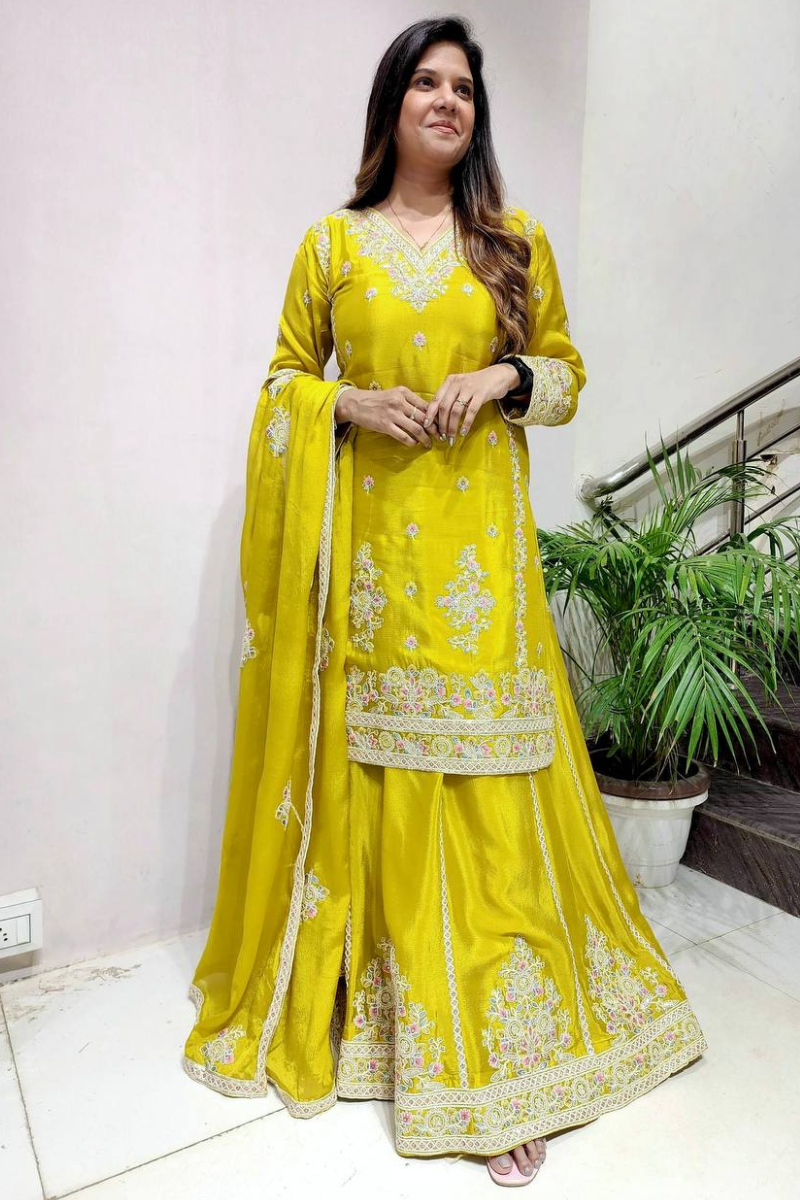 Yellow Kurta Dupatta Sharara Suit Set Made of Pure Chinon Silk