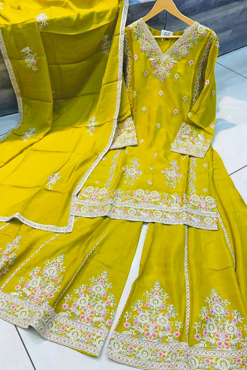 Yellow Kurta Dupatta Sharara Suit Set Made of Pure Chinon Silk