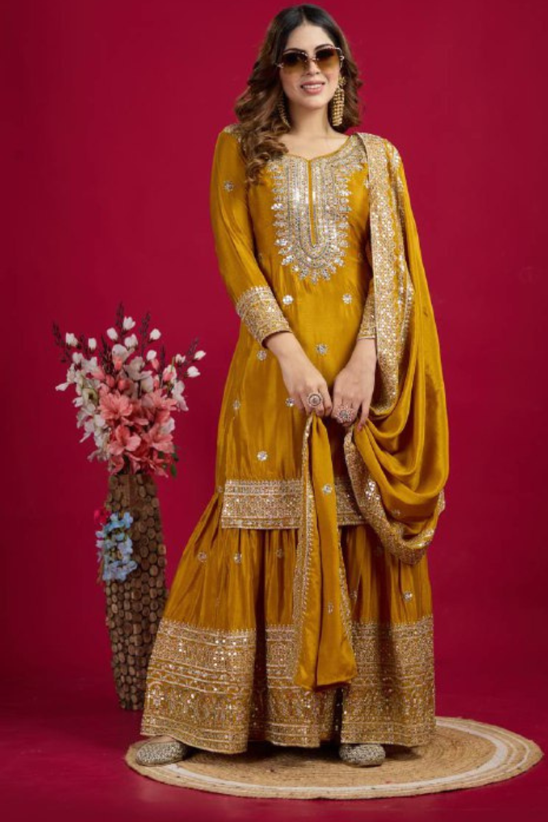 Sharara Dupatta Set with Yellow Pure Heavy Chinnon Embroidery