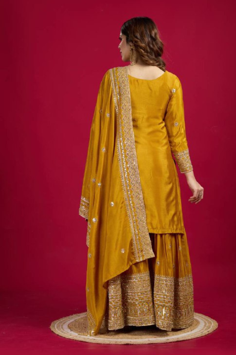 Sharara Dupatta Set with Yellow Pure Heavy Chinnon Embroidery