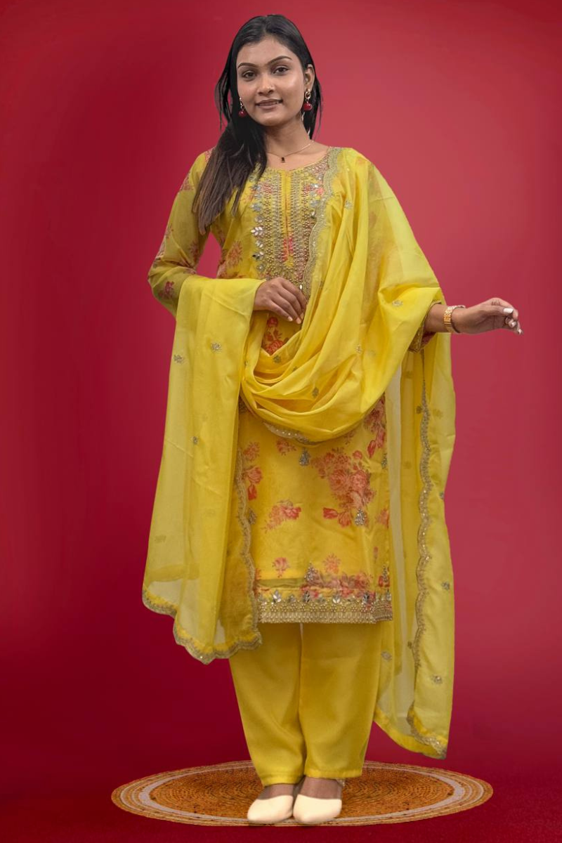 Three-piece kurta dupatta pantsuit set in yellow pure kundan organza.