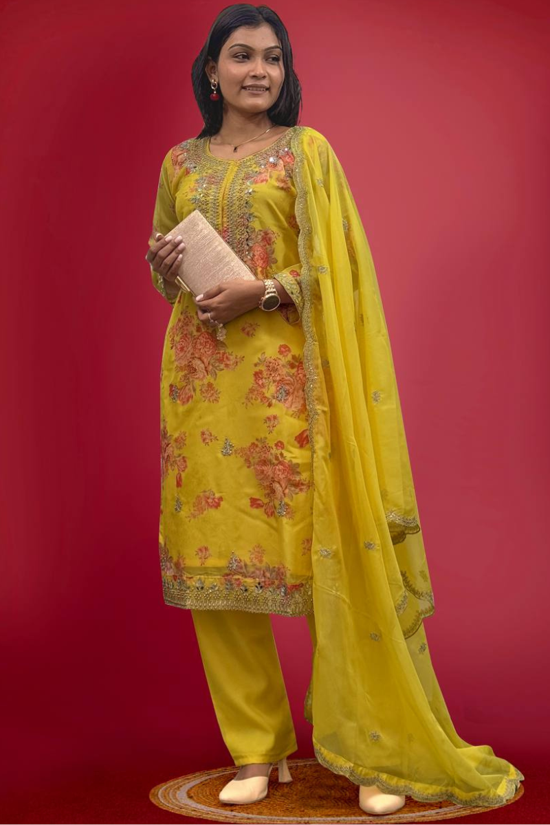 Three-piece kurta dupatta pantsuit set in yellow pure kundan organza.