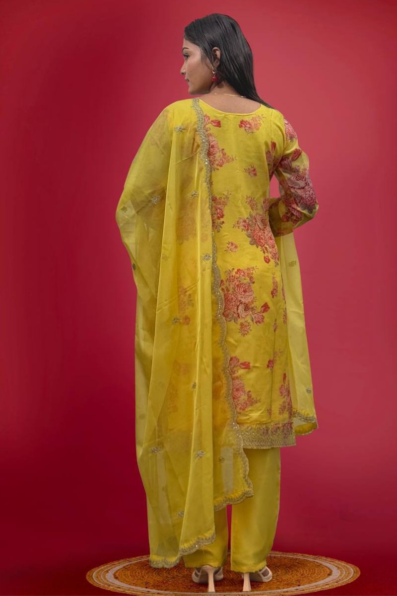 Three-piece kurta dupatta pantsuit set in yellow pure kundan organza.