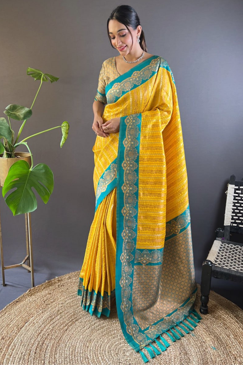Paithani sarees in yellow soft silk with peacock jaal