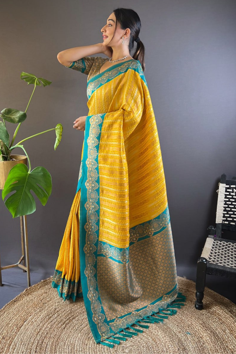 Paithani sarees in yellow soft silk with peacock jaal