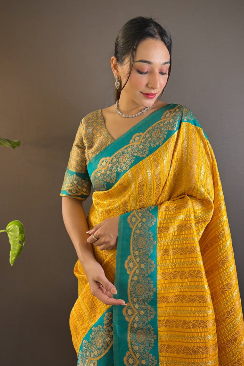 Paithani sarees in yellow soft silk with peacock jaal