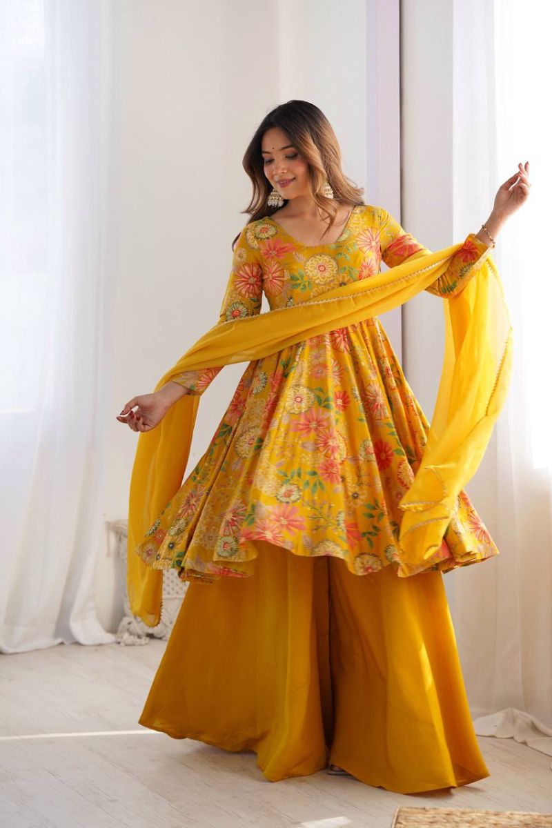 The Chanderi Sharara Dupatta Suit Set in Yellow Soft Romansilk