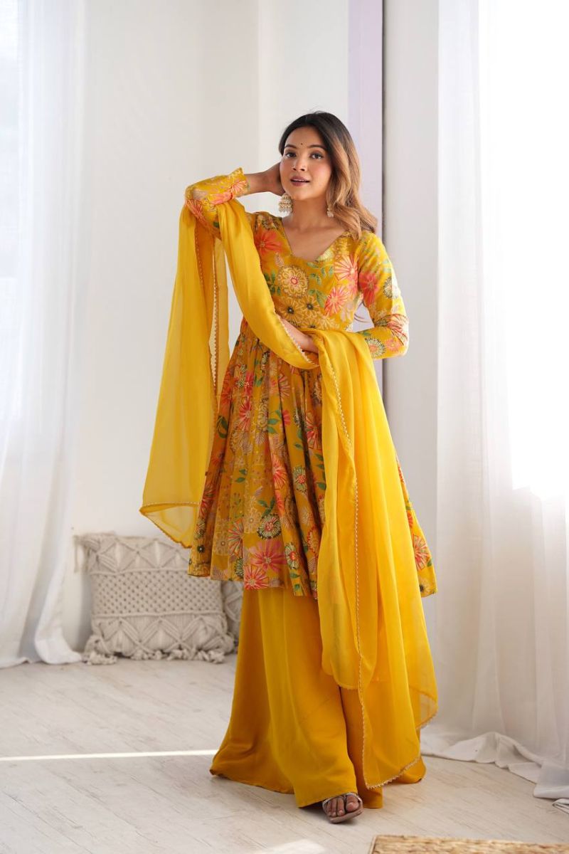 The Chanderi Sharara Dupatta Suit Set in Yellow Soft Romansilk