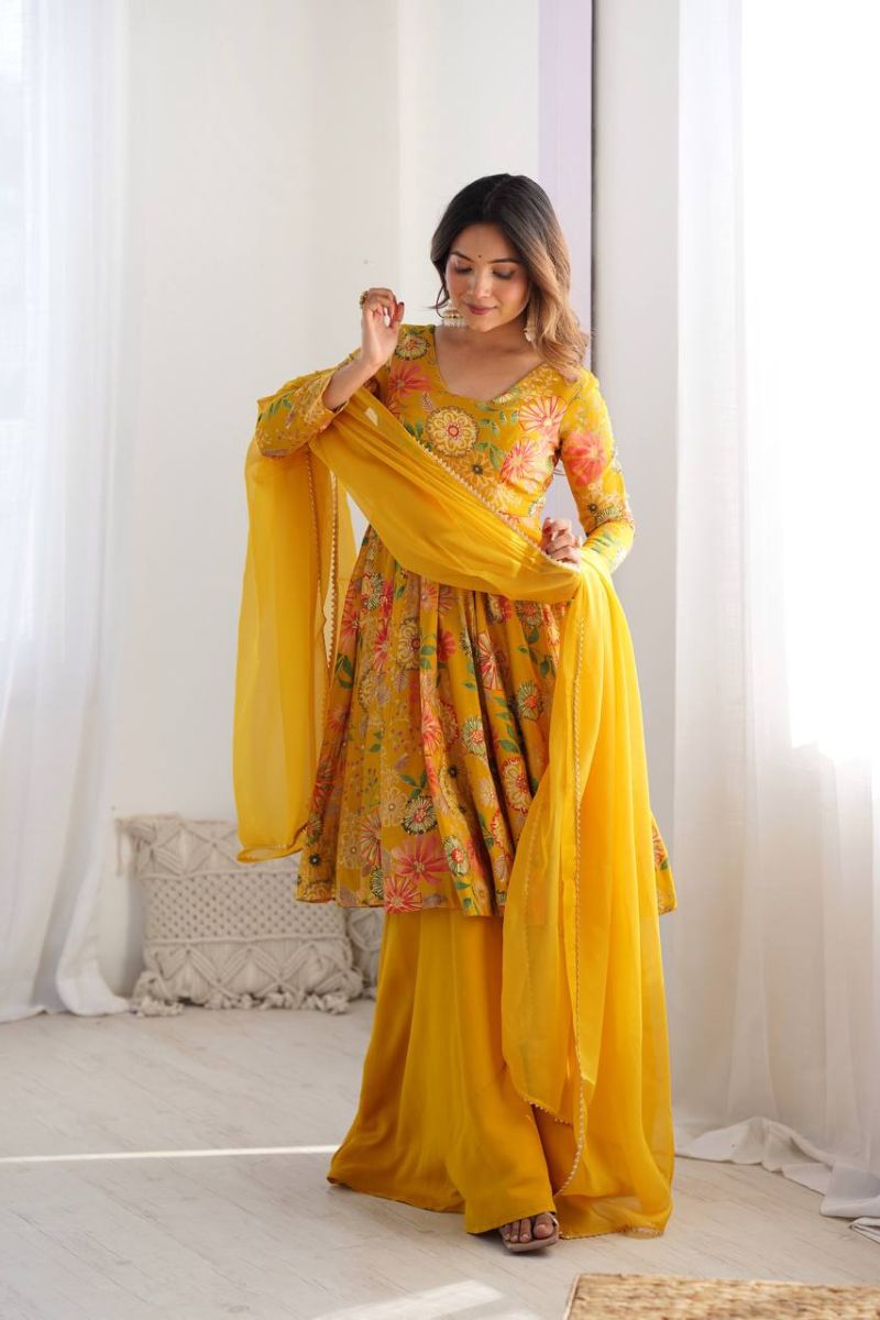 The Chanderi Sharara Dupatta Suit Set in Yellow Soft Romansilk