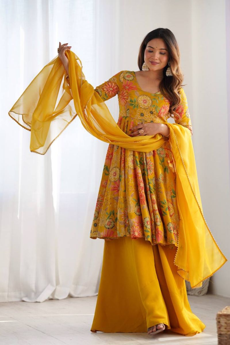 The Chanderi Sharara Dupatta Suit Set in Yellow Soft Romansilk