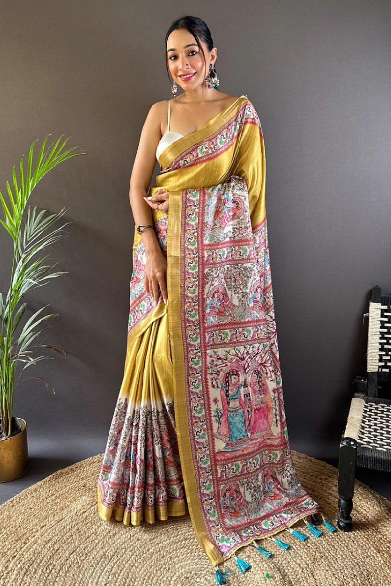 Sarees made of yellow Tussar silk with Madhubani designs