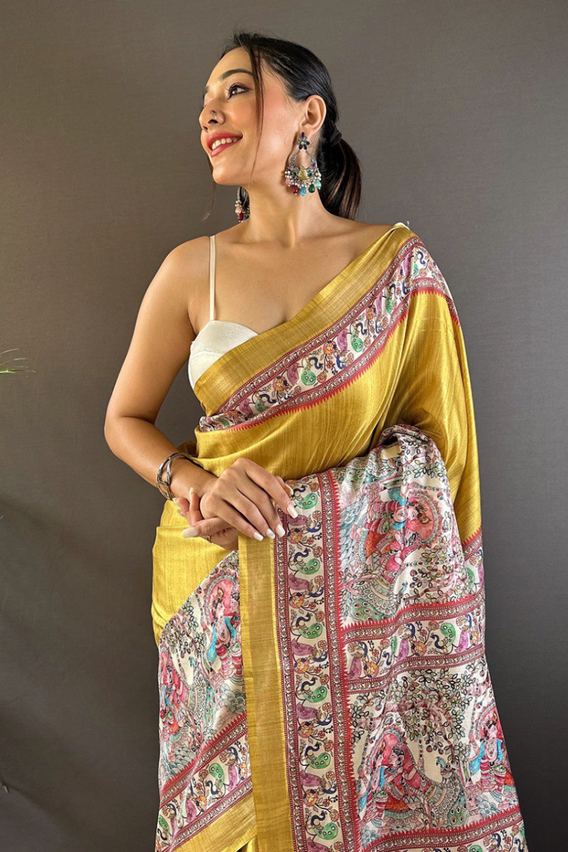 Sarees made of yellow Tussar silk with Madhubani designs